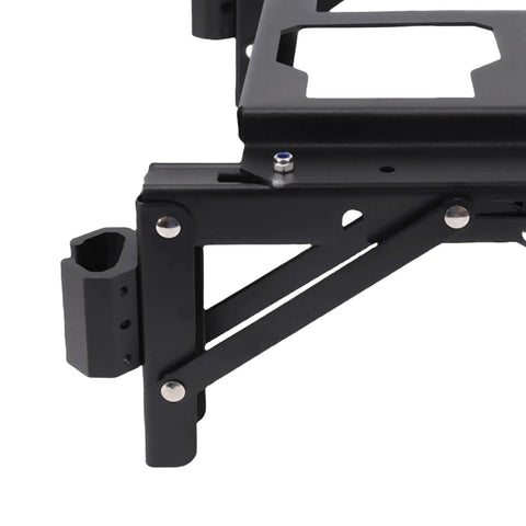 Close-up of Folding Workstation Mount For Modular Toolbox And Truck Bed Storage Aluminum Alloy Side Tray showing black metal frame