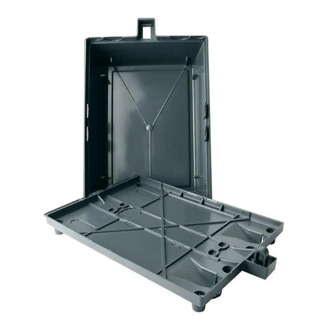 Tough As Nails Outdoor Cable Organizer Box With Secure Snap Lid And Slick Gray Finish, showing open interior for cable management.