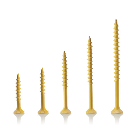 Assorted sizes of weatherproof tan wood screws, ideal for outdoor decks and fences, rust-resistant epoxy coated for durability.