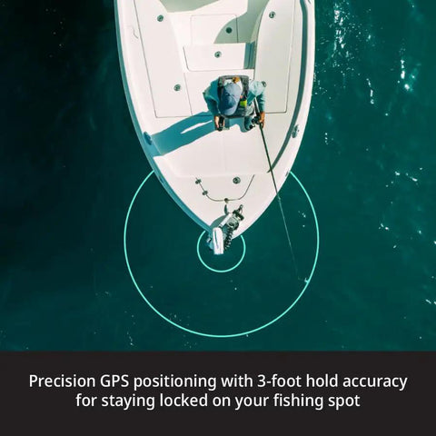 54 Inch Saltwater Trolling Motor With FreeSteer Joystick Remote And Precision GPS Anchoring, GPS positioning on fishing boat.