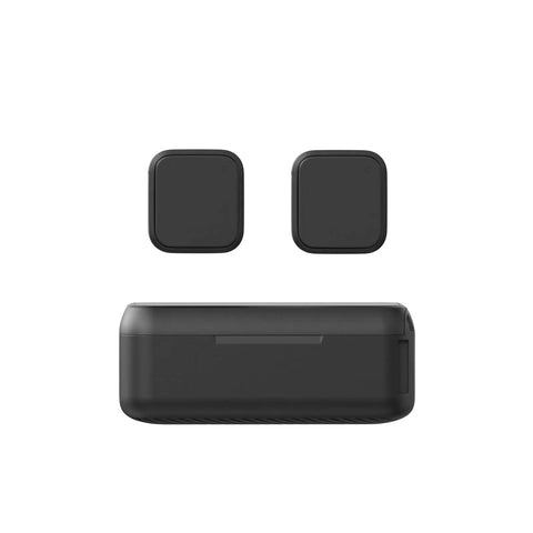 Dual Wireless Microphone Kit Featuring Portable Magnetic Lavalier Design With Snappy Plug Play Setup And Top Tier 24 Bit Audio, includes two microphones and storage case.