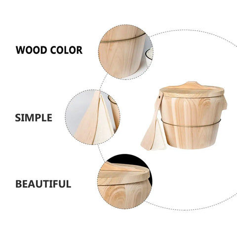 Natural Hardwood Rice Steamer Bucket With Secure Lid Spoon And Linen Steam Cloth Hustle Free Kitchen Essential For Even Heat And Fluffy Grains A Real Deal Cooking Game Changer close-up of wood grain texture and lid details