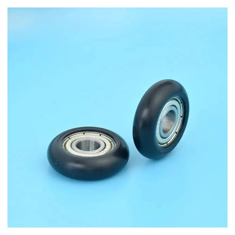 626ZZ Circular Arc Pulley Roller With Plastic Coated Wheel And Internal Ball Bearing 6 X 27 X 8.5 mm, black wheel with shiny bearings.