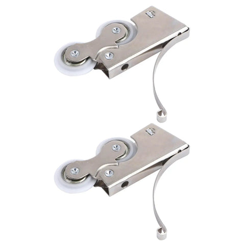 8 Piece Double Wheel Replacement Door Runners For Sliding Windows And Wardrobes Heavy Duty Pulleys shown with dual wheels and silver metal frame.