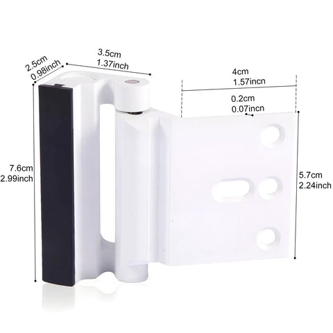 2-Pack Heavy-Duty Door Security Lock and Childproof Reinforcement Latch Hella Tough with 800 Lbs Force Rating in White, showing dimensions.