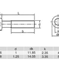 Technical drawing showing dimensions of Real Deal M6 Socket Cap Bolts And Barrel Nuts Assortment Kit Nickel Plated Hex Button Head Screws.