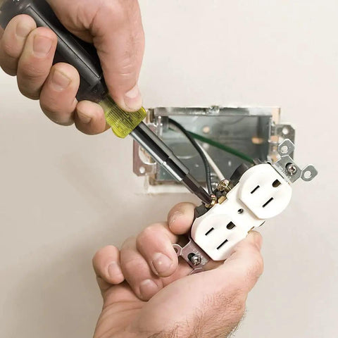 Person using Workhorse Reaming Driver Kit With Conduit Reamer And Magnetic Level For Quick Wire Runs to install an outlet