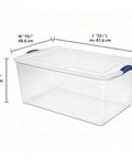 Ginormous 105 Quart Clear Storage Bin With Blue Secure Latch Heavy Duty Plastic Tote For Bulky Seasonal Gear And Bedding Keeps Your Space Spiffy And Makes Organization A Breeze, showcasing dimensions 32x19x13 inches.