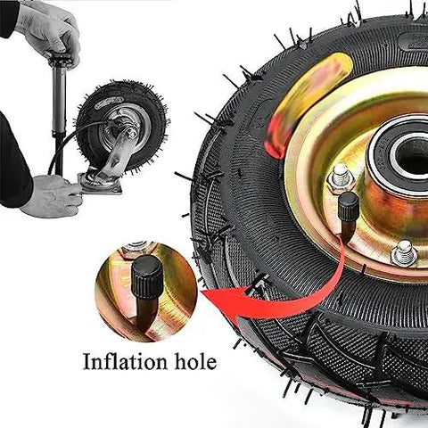 Pair Of Heavy Duty Industrial Caster Wheels Featuring Tough As Nails Pneumatic Tires For Dead Smooth Rollin Mobile Tool Cart Replacement With Shock Absorbing Grip Screws inflation hole and pump in use for pneumatic tire.