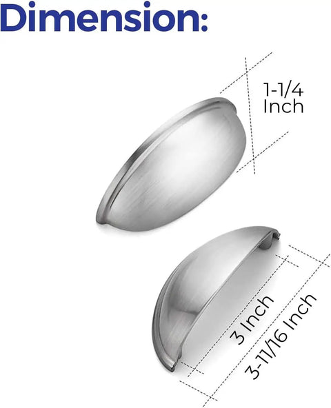 Premium Brushed Nickel Cabinet Pulls 3 Inch Center To Center With Solid As Rock Build and Hella Sharp Finish For Kitchen And Bathroom Drawer Cup Handles 12 Pack dimensions displayed.