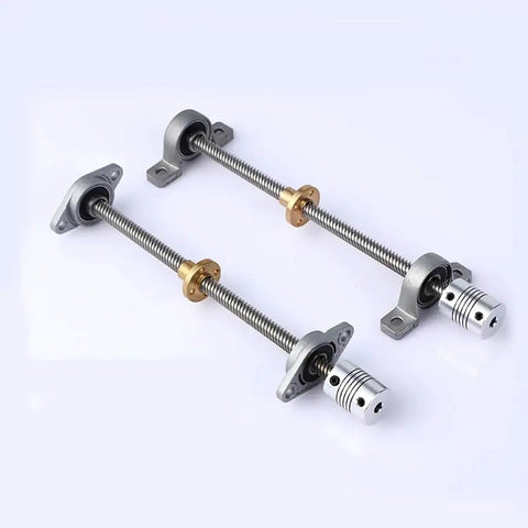 Upgrade Your 3D Printer And CNC Machine With This Awesome T8 Lead Screw Kit Featuring 8mm Diameter 2mm Pitch Vertical Or Horizontal Setup 300mm Length Compatible With KFL08 Or KP08 Nuts For Super Smooth Printing And Precision Engraving Jobs. T8 lead screw kit with bearings, couplers, and brass nuts for 3D printer and CNC linear motion