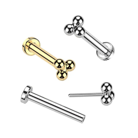 Gold PVD Titanium Threadless Push In Triple Ball Cluster Flat Back Ear Stud For 16 20 Gauge 6mm Or 8mm Bar Length 3mm Balls Implant Grade ASTM F 136 Body Jewelry shown in gold and silver