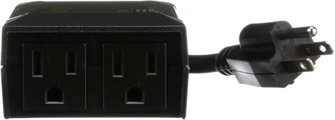 Weatherproof Seven Day Outdoor Digital Plug In Timer featuring dual grounded outlets and black cord for outdoor energy savings.