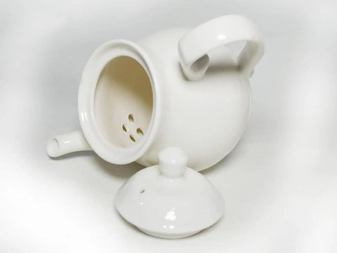 Open Gooseneck Porcelain Teapot With Lotus Design, 14oz Ceramic Tea Pot for tea or coffee brewing, lid removed, white porcelain