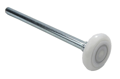 Solid As A Rock Garage Door Roller Replacement With Heavy Duty Nylon Wheel and 13 Ball Bearings, silver metal stem with white wheel.