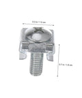 Top Shelf 100 Piece Rack Mount Screws Plus Cage Nuts Forged From Heavy Duty Steel With Zinc Coating To Keep Rust At Bay While You Rack Stack And Run Your Server Gear Like A Pro Without Breaking A Sweat. Close-up of a zinc plated cage nut and screw, dimensions 0.3 in x 0.7 in.