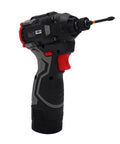 Heavy Hitter Cordless Drill Set Featuring Variable Speed Settings And Knockout Torque Engine 16.8 Volt Rechargeable Battery Compact Frame side view with bit attached.