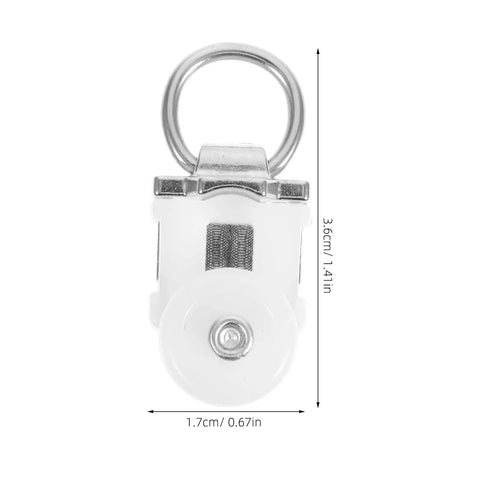 30 Piece Heavy Duty Curtain Track Roller Hooks Featuring Double Alloy Wheels And Slide Like Butter Smooth Pulleys For Zero Hassle Installation, close-up of a roller hook with wheel.
