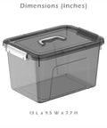 Side view of Six Pack Stackable Black Plastic Storage Bins With Lids 12 Quart Each Modular Organizer Boxes with secure latches
