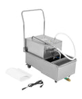 Heavy Duty Commercial Fryer Oil Filter Cart, 550 Watt Stainless Steel Machine with hose and wheels for restaurant use.