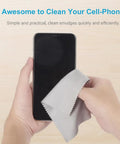 Microfiber cleaning cloth for electronics, gray, used on smartphone screen.