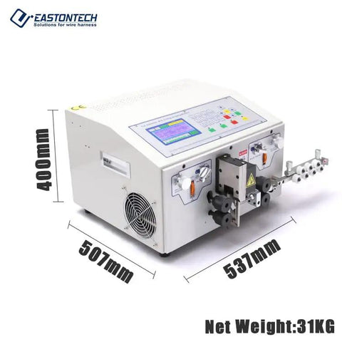 Heavy Duty Automatic Cable Cutting And Stripping Machine Digital Control For 0.2 To 10mm2 Wire Up To 7000 Pieces Per Hour side view with control panel and dimensions.