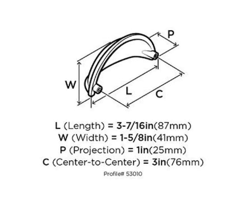 Dimensions of 10 Pack 3 Inches Center To Center Cup Pulls Oil Rubbed Bronze Cabinet Drawer Hardware for Kitchen Vanity.