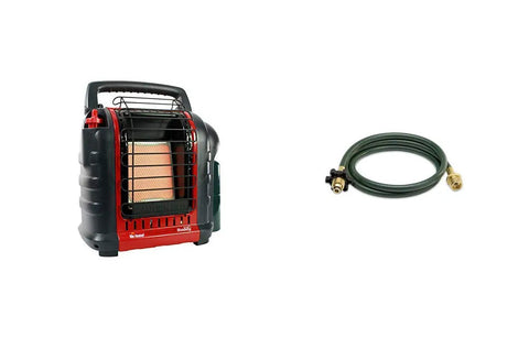 Portable Buddy Heater Bundle With 10 Feet Propane Hose Assembly For Indoor Outdoor Use 4000 To 9000 BTU Radiant Heater Ideal For Garages And Cabins Up To 225 Sq Ft shown with heater and hose.