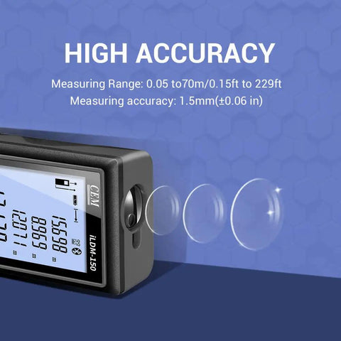 Rock Solid Bluetooth Laser Distance Measurer With 229 Foot Range And IP54 Weather Defense, showing high accuracy and range display.