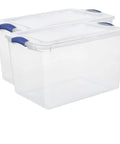 Heavy Duty SixtySix Quart Clear Plastic Storage Bins Two Pack With Blue Latch Lids, featuring transparent walls and durable handles.
