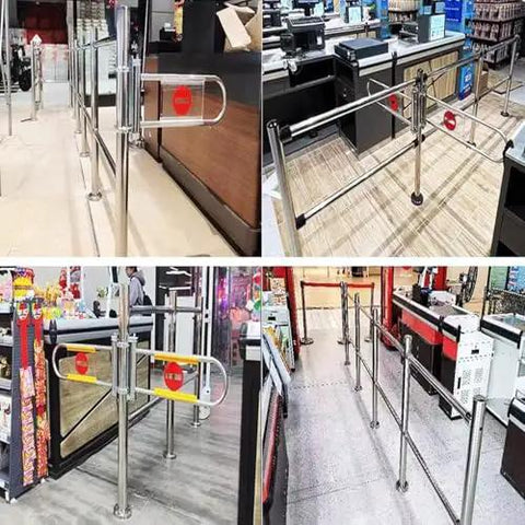 Automatic Closing Metal Safety Gate Featuring Spring Loaded Swing Action And Heavy Duty Steel Frame For Secure Commercial Entrances visible in retail space layout.