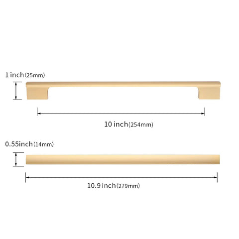 Top Shelf 10 Inch Brushed Gold Cabinet Pulls For Kitchen Drawers And Cupboards with measurements and design details.