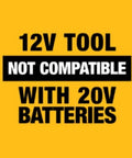 Xtreme 12V Max Brushless Cordless Oscillating Tool warning about incompatibility with 20V batteries on yellow background