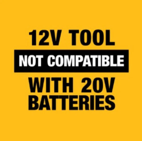Xtreme 12V Max Brushless Cordless Oscillating Tool warning about incompatibility with 20V batteries on yellow background