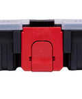 Side view of 7 Pack Organizer Set With Removable Dividers And Multi Size Storage Boxes For Hardware Screws Craft Beads And Small Parts Case System For Your Garage Workshop And On The Go Kits showing closed black and gray box with red latch.