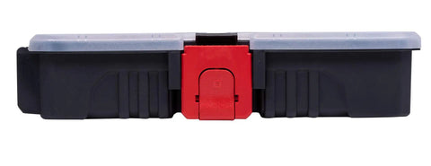 Side view of 7 Pack Organizer Set With Removable Dividers And Multi Size Storage Boxes For Hardware Screws Craft Beads And Small Parts Case System For Your Garage Workshop And On The Go Kits showing closed black and gray box with red latch.