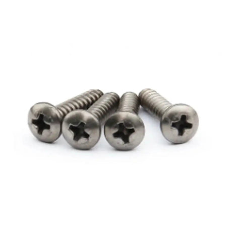Badass Phillips Head Self Tapping Bolts With Round Tops Tough As Nails Iron Construction For Rough Build Projects Assorted Metric Sizes M3 Through M6 6mm To 30mm Length Quick Install Fasteners Come In A Five Piece Pack For Any Garage Or Workshop Hobby - Close-up of four steel bolts showcasing Phillips heads.