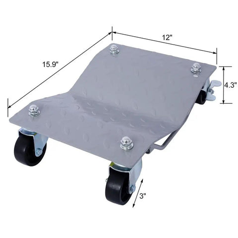 Heavy Duty Tire Wheel Dolly Set Of Four With Locking Swivel Casters And Six Thousand Pound Capacity with a gray metal platform, 15.9 x 12 inches.