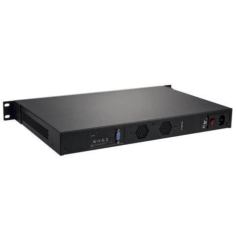 Heavy Duty Rakmount Firewall And Vpn Network Security Apliancerouter Pc Featur ing Intel At om D52 5Six Gi ga bi tLan Du al Us b,C omAn dv Ga, Sli ckBa rea bOne Sys temT uned Fo rPf Sen seOr Li nu xSe tupNo rRa mo rSt ora geI nclu ded, rear view showing connections.