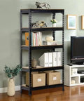 5-Tier Boltless Storage Shelf Built Different With Rock Solid Iron Frame for Garage and Workshop Heavy Duty Adjustable Racks Scratch Resistant Powder Coat Finish Black holding books and storage boxes.