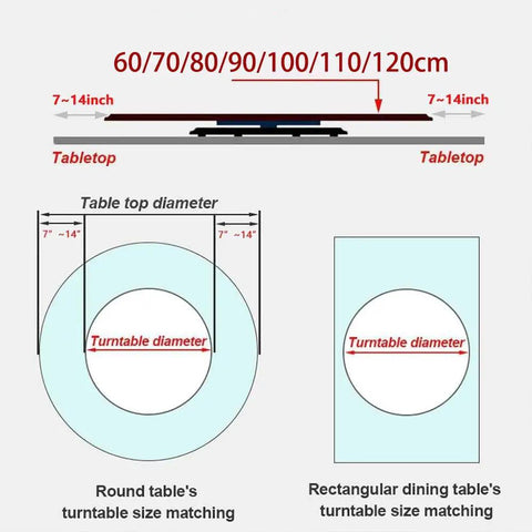 Diagram showing size matching for Extra Large Clear Glass Lazy Susan Turntable Serving Tray for various table diameters.