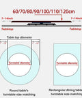 Extra Large Round Glass Lazy Susan Turntable size matching guide for various table diameters and turntable dimensions.