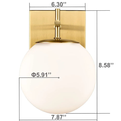 Gold Globe Wall Sconces Set of Two, Dope Brass Modern Vanity Lights With Milky White Glass Shades, size dimensions shown