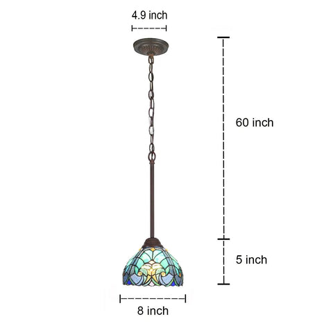 Sea Green Tiffany Pendant Light With Stained Glass, 8 Inch Wide Victorian Style Hanging Lamp, adjustable 50 Inch Chain shown