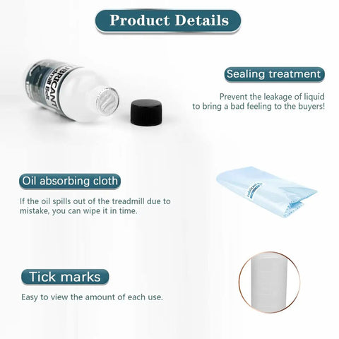 Silicone Treadmill Belt Lubricant Non Toxic Odorless High Performance with open cap, sealing cap, and oil absorption cloths.