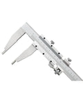 Built Like A Tank Stainless Steel Vernier Caliper With Greaseless Slide Rail And Dead On Accuracy For Fast Dimensional Measurements Up To One Meter Long, close-up view of measurement scale and jaws.