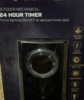 Heavy Duty Outdoor Mechanical Plug In Countdown Timer With Quick Twist Settings Dusk Till Dawn Mode and Dual Grounded Outlets mounted in packaging.