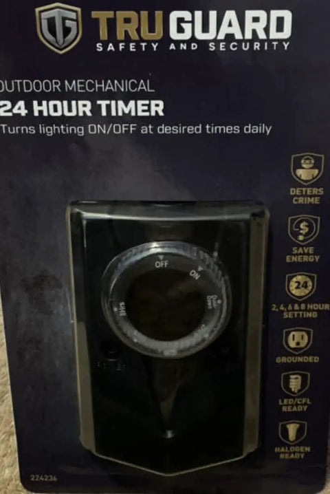 Heavy Duty Outdoor Mechanical Plug In Countdown Timer With Quick Twist Settings Dusk Till Dawn Mode and Dual Grounded Outlets mounted in packaging.