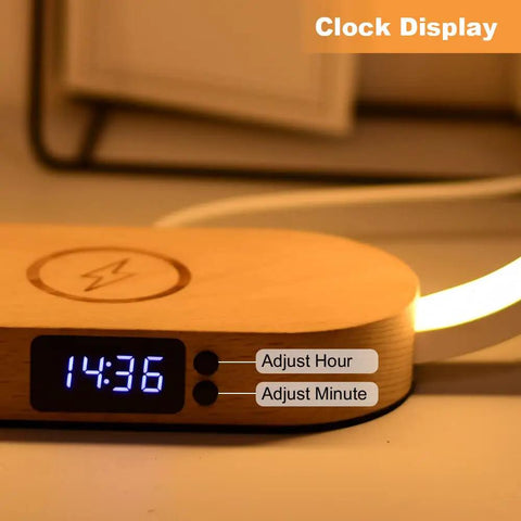 Clock display of Wooden Bedside Lamp With Wireless Charger And Clock Touch Nightstand Lamp, showing time and adjustment buttons.