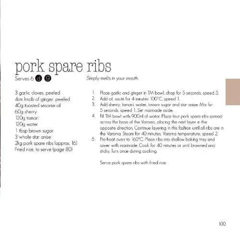Recipe page for pork spare ribs from Quick Fix Thermomix Recipe Book Loaded With Easy Weeknight Dinners And Killer Meal Prep Hacks.